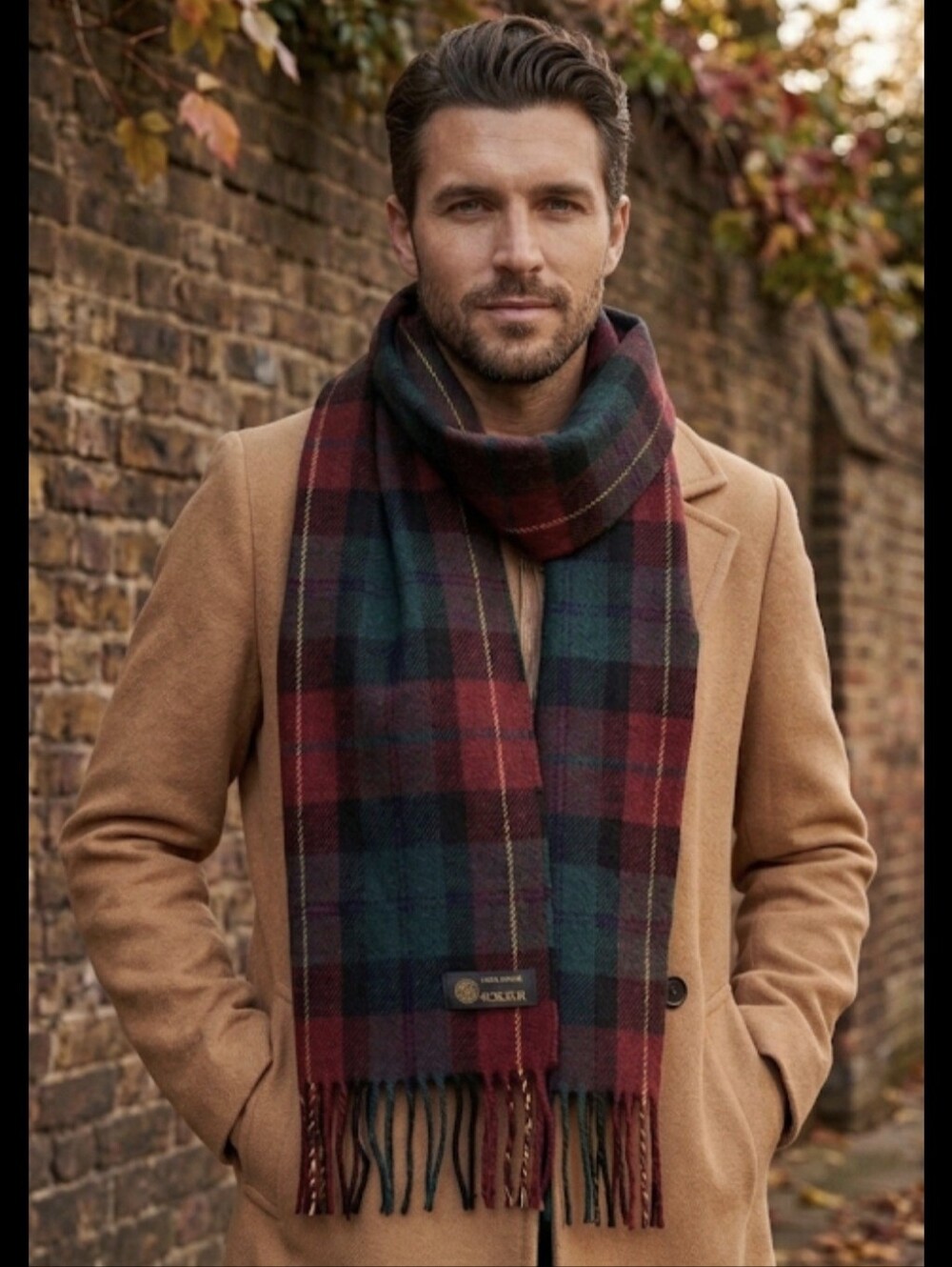 Classic Unisex Plaid Scarf in Burgundy and Dark Green